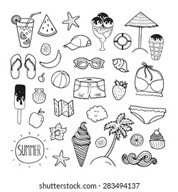 Vector summer hand drawn collection with travel elements. Doodle sun, shorts, swimsuit, sea, basketball, starfish, glasses, watermelon, banana, candy