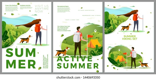 Vector summer hiking travel posters set - man and woman outdoors. Forests, trees and hills on background. Print template with place for your text.