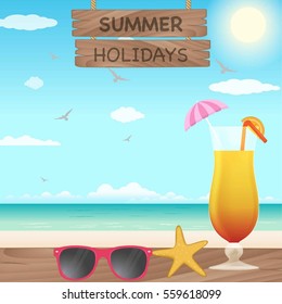 Vector summer holiday background with beach scenery and mock-tail on the table top