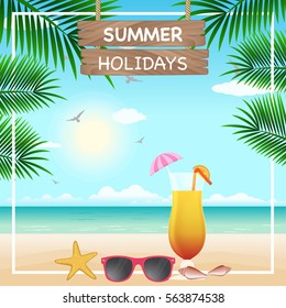 Vector summer holiday background with beach scenery, mock-tail, palm tree and sun light