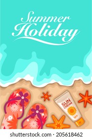 Vector Fondo de Festiva de verano con chanclas, crema solar y estrellas de mar
