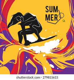 Vector summer holiday background with stylish typography. Surfer riding the waves. Beautiful summer sunset
