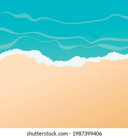 Vector summer holiday background. Sunny beach, seashore or ocean with golden sand and azure water, top view. Waves and white foam at the water edge. 