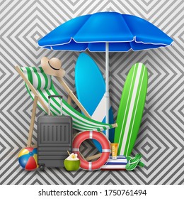 Vector Summer Holiday Illustration with Beach Ball, Palm Leaves, Surf Board and Typography Letter on Pattern Background.
