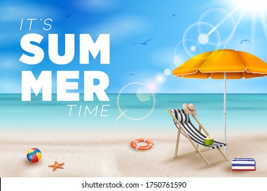 Vector Summer Holiday Illustration with Beach Ball, Palm Leaves, Surf Board and Typography Letter on Blue Ocean Landscape Background.