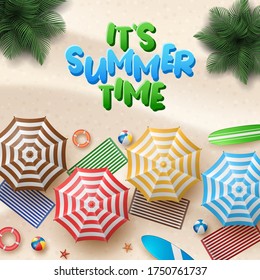 Vector Summer Holiday Illustration with Beach Ball, Palm Leaves, Surf Board and Typography Letter on Beach Sands Background.