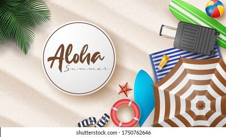 Vector Summer Holiday Illustration with Beach Ball, Palm Leaves, Surf Board and Typography Letter on Beach Sands Background.