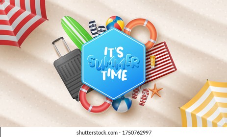 Vector Summer Holiday Illustration with Beach Ball, Palm Leaves, Surf Board and Typography Letter on Beach Sands Background.