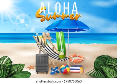 Vector Summer Holiday Illustration with Beach Ball, Palm Leaves, Surf Board and Typography Letter on Blue Ocean Landscape Background.