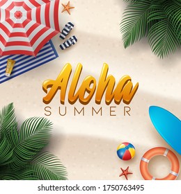 Ilustración de verano vectorial con bola de playa, hojas de palmera, tabla de surf y carta de tipografía sobre fondo de arena de playa.