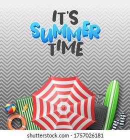 Vector Summer Holiday Illustration with Beach Ball, Palm Leaves, Surf Board and Typography Letter on Pattern Background.