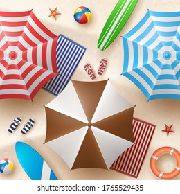 Vector Summer Holiday Illustration with Beach Ball, Palm Leaves, Surf Board and Typography Letter on Beach Sands Background.