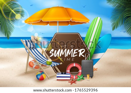 Vector Summer Holiday Illustration with Beach Ball, Palm Leaves, Surf Board and Typography Letter on Blue Ocean Landscape Background.