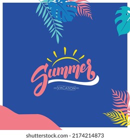Vector Summer Holiday Illustration with Typography Letter and Sunglasses on Ocean Blue Background. Tropical Plants and Beach Ball on Paradise Island for Banner, Flyer, Invitation, Brochure