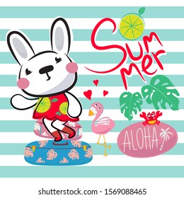 Vector Summer Holiday Illustration,cute bunny girl on striped background.