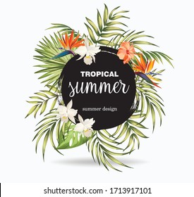 Vector Summer Holiday illustration.Tropical palm leaves, hibiscus flowers. Summer background.