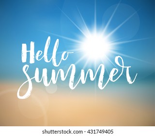 Vector Summer holiday poster with hot summer sun, abstract beach in the background and lettering Hello Summer