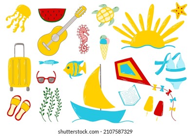 Vector summer holiday set with cartoon illustrations: jellyfish, watermelon, guitar, turtle, sun, starfish, ice cream, sea horse, suitcase, fishes, sunglasses, flip flops, seaweed, boat, sail, kite