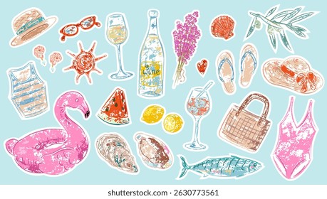 Vektor Sommer-Aufkleber mit Strand-Accessoires, Meeresfrüchte, Getränke und Muscheln. Handgezeichnete strukturierte Elemente im Grunge-Stil. Farbiger Clipart für Urlaubsdesign, Reisedekoration, Print