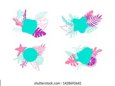 vector summer holiday vacation frame set. flat design with tropical leaves and place for text. illustration can be use for greeting and invitation card background