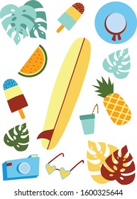 Vector summer holidays elements and icons with surfboard, cocktail, leafs, hat and camera