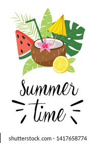 Vector summer holidays greeting card with text, tropical leaves, coconut cocktail, watermelon slice, lemon. Illustration for poster, banner, invitation, flyer