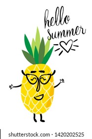 Vector summer holidays greeting card with text and cute and funny pineapple character. Illustration for poster, banner, invitation, flyer