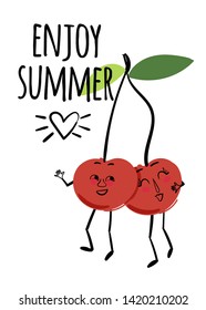 Vector summer holidays greeting card with text and cute and funny cherry couple characters. Illustration for poster, banner, invitation, flyer