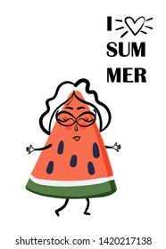 Vector summer holidays greeting card with text and cute and funny watermelon girl character. Illustration for poster, banner, invitation, flyer