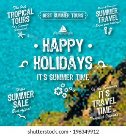 Vector Summer Holidays Labels set in blurry background.