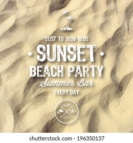 Vector Summer Holidays sunset beach party poster Label in sand background.