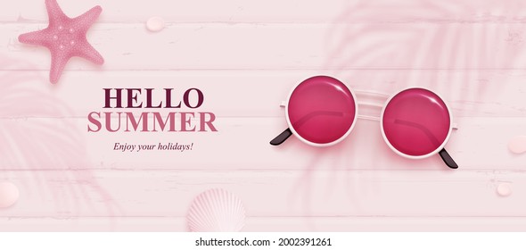 Vector summer horizontal background with realistic sunglasses, starfish and seashell on pink wooden background. Hello summer banner