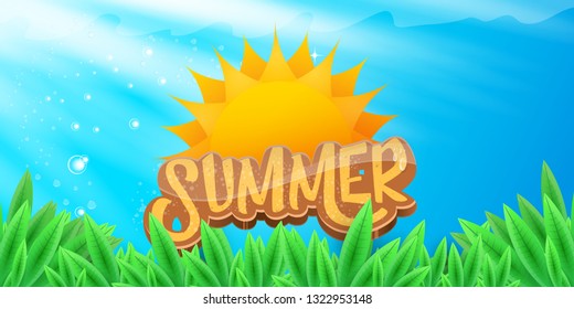 vector summer horizontal banner with green grass, blue sky and summer ray of lights . hello summer flyer, banner or horizontal background with green field landscape
