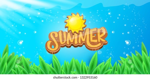 vector summer horizontal banner with green grass, blue sky and summer ray of lights . hello summer flyer, banner or horizontal background with green field landscape