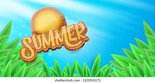 vector summer horizontal banner with green grass, blue sky and summer ray of lights . hello summer flyer, banner or horizontal background with green field landscape