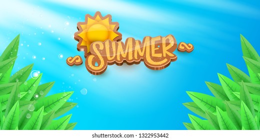 vector summer horizontal banner with green grass, blue sky and summer ray of lights . hello summer flyer, banner or horizontal background with green field landscape