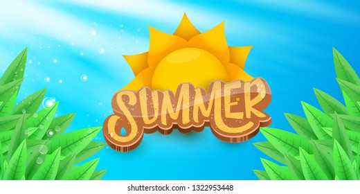 vector summer horizontal banner with green grass, blue sky and summer ray of lights . hello summer flyer, banner or horizontal background with green field landscape