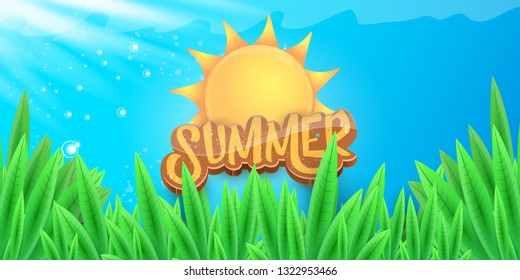 vector summer horizontal banner with green grass, blue sky and summer ray of lights . hello summer flyer, banner or horizontal background with green field landscape