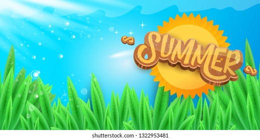 vector summer horizontal banner with green grass, blue sky and summer ray of lights . hello summer flyer, banner or horizontal background with green field landscape