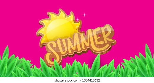 vector summer horizontal banner with green grass on pink background. hello summer flyer, banner or horizontal background with green field landscape