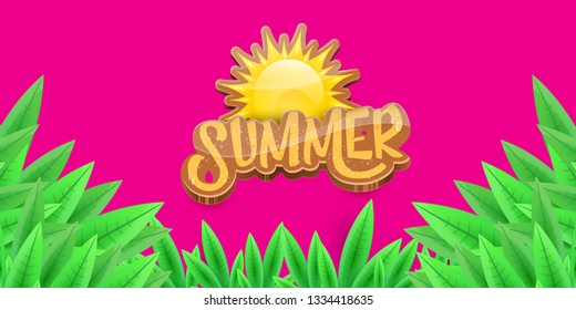 vector summer horizontal banner with green grass on pink background. hello summer flyer, banner or horizontal background with green field landscape