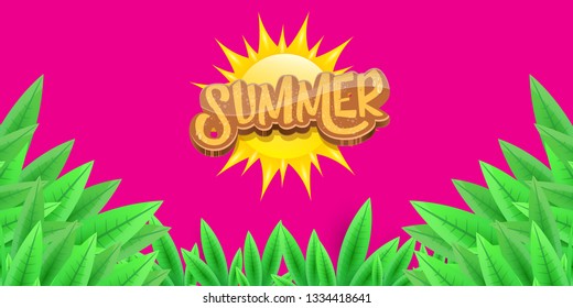 vector summer horizontal banner with green grass on pink background. hello summer flyer, banner or horizontal background with green field landscape