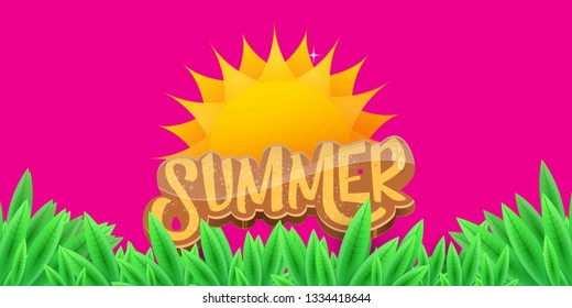 vector summer horizontal banner with green grass on pink background. hello summer flyer, banner or horizontal background with green field landscape
