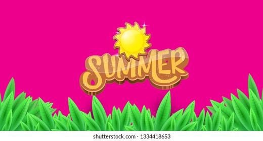 vector summer horizontal banner with green grass on pink background. hello summer flyer, banner or horizontal background with green field landscape