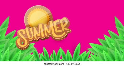 vector summer horizontal banner with green grass on pink background. hello summer flyer, banner or horizontal background with green field landscape
