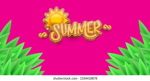 vector summer horizontal banner with green grass on pink background. hello summer flyer, banner or horizontal background with green field landscape