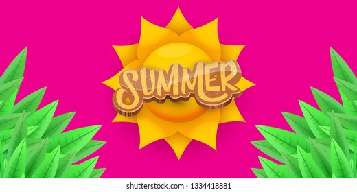 vector summer horizontal banner with green grass on pink background. hello summer flyer, banner or horizontal background with green field landscape