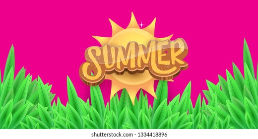 vector summer horizontal banner with green grass on pink background. hello summer flyer, banner or horizontal background with green field landscape