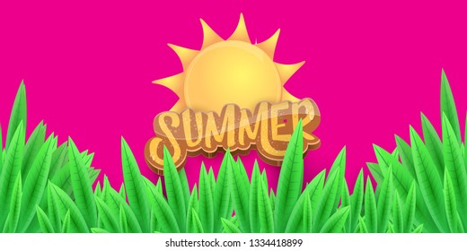 vector summer horizontal banner with green grass on pink background. hello summer flyer, banner or horizontal background with green field landscape