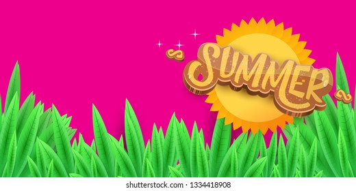 vector summer horizontal banner with green grass on pink background. hello summer flyer, banner or horizontal background with green field landscape